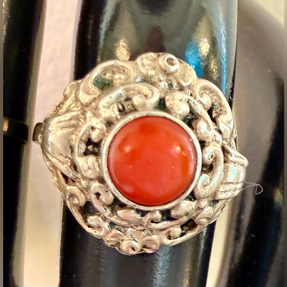 Sterling Silver Coral Cabochon Statement Ring - Pink Coral, Sz 7 1/2